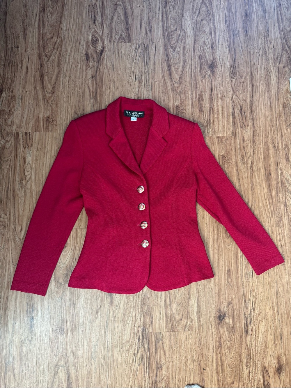 St. John Red Tailored Knit Blazer with Gold Buttons